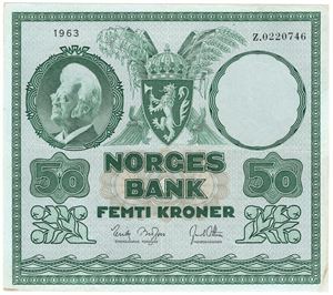 50 kroner 1963 Z. Erstatningsseddel. Svært sjelden. Kv.1/1+