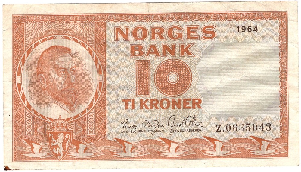 10 kroner 1964 Z.0635043 erstatningsseddel. Kv.1