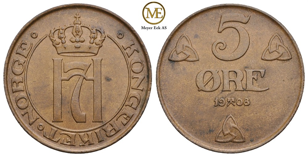 5 øre 1908 Haakon VII. Kv.0