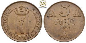 5 øre 1908 Haakon VII. Kv.0