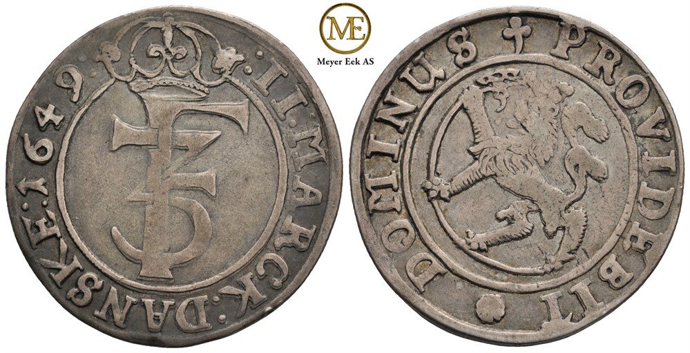 2 mark 1649 Frederik III. Kv.1/1+