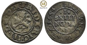 1 skilling 1654 Frederik III. Sjelden. Kv.1+