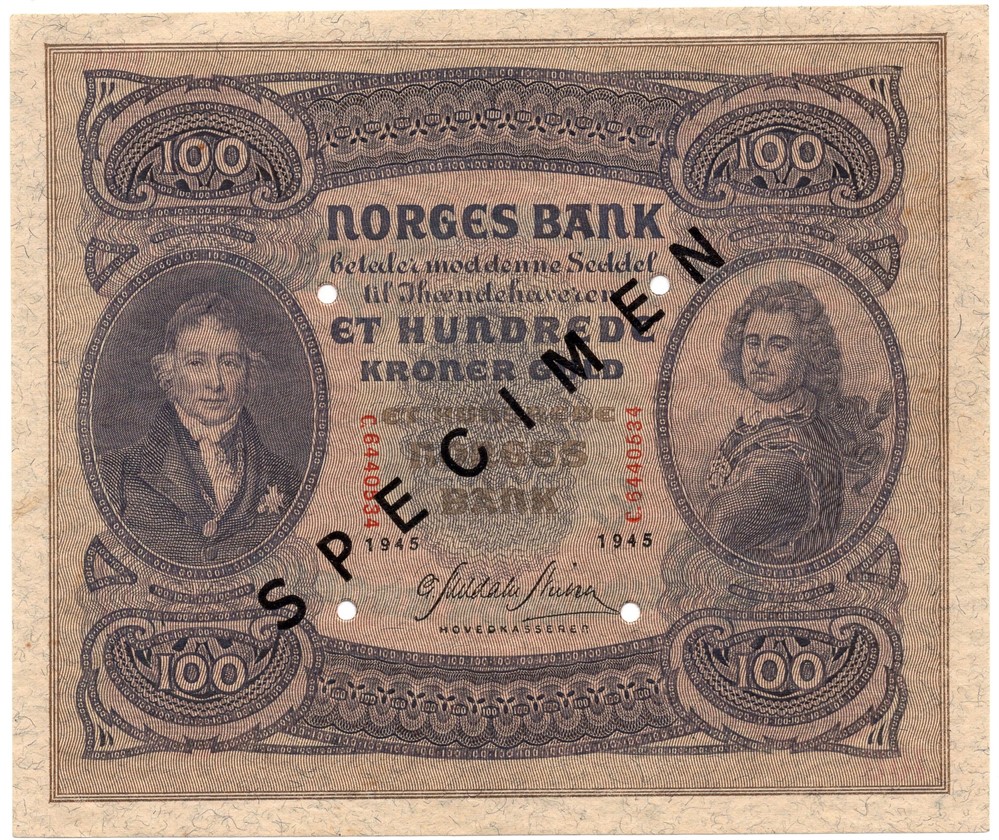 100 kroner 1945 C.6440534 Specimen. Kv.0