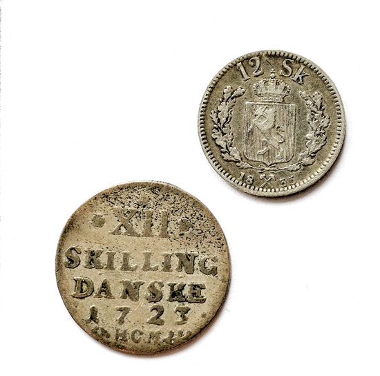 Norge 12 skilling 1723 og 1855 kv. 1/1- og 1
