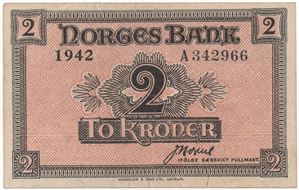2 kroner 1942 A.342966 London Utg. Kv.1+