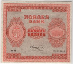 100 kroner 1945 Z.8015134 Erstatningsseddel. Kv.01