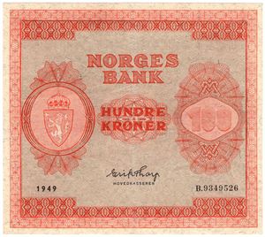 100 kroner 1949 B.9349526. Kv.1+