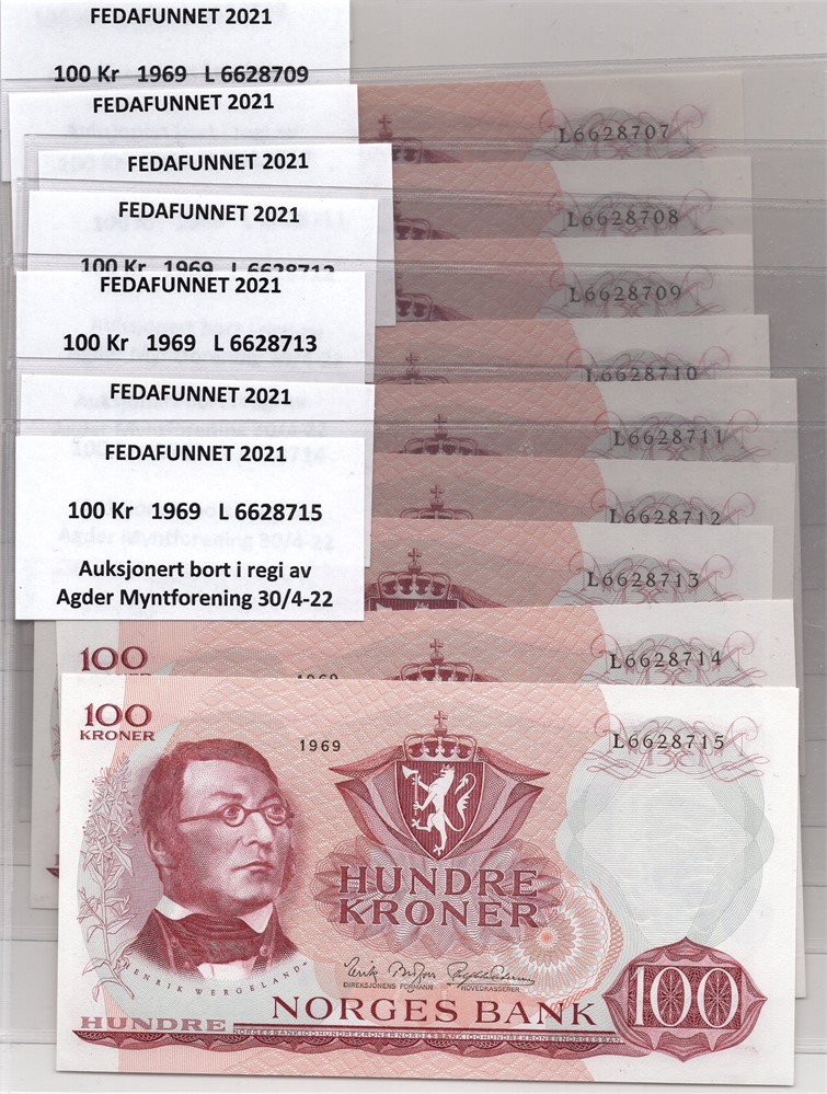 100 kroner 1969 L.6628707-15 i serie. Kv.0