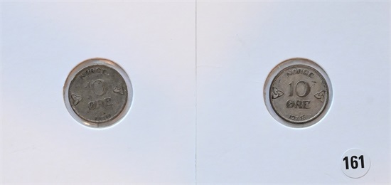 Norge 10 øre 1911 og 1915 kv. 1/1+ og 1+