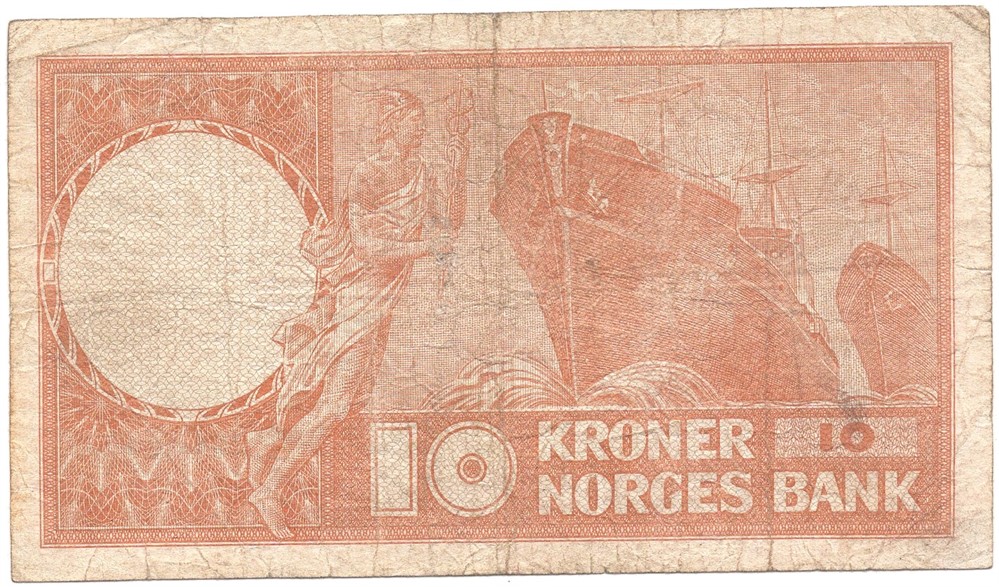10 kroner 1969 T. Variant med grønt serienummer, underskrift og årstall
