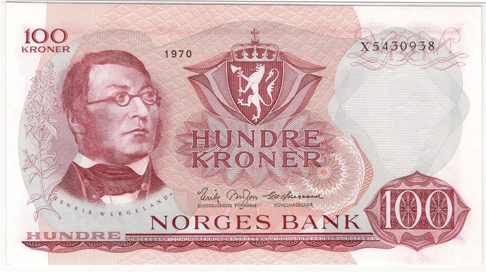 100 kroner 1970 X.5430938 erstatningsseddel. Kv.0