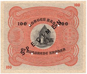 100 kroner 1945 C.6440534 Specimen. Kv.0