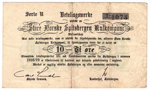 10 øre Store Norske Spitsbergen Kulkompani. 1928/29 N. RRR seddel. Kv.1/1+