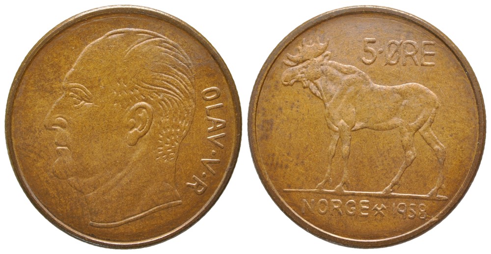 5 øre 1958 Olav V. Prakt eksemplar.