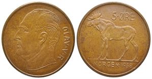 5 øre 1958 Olav V. Prakt eksemplar.