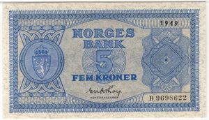 5 kroner 1949 D. i serie. Kv.0-0/01