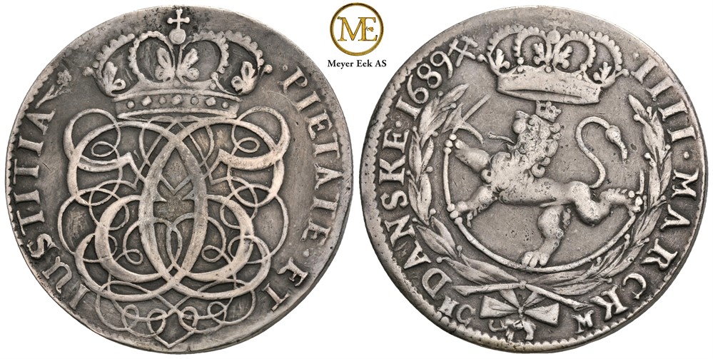 4 mark 1689 Christian V. Kongsberg. Kv.1/1+