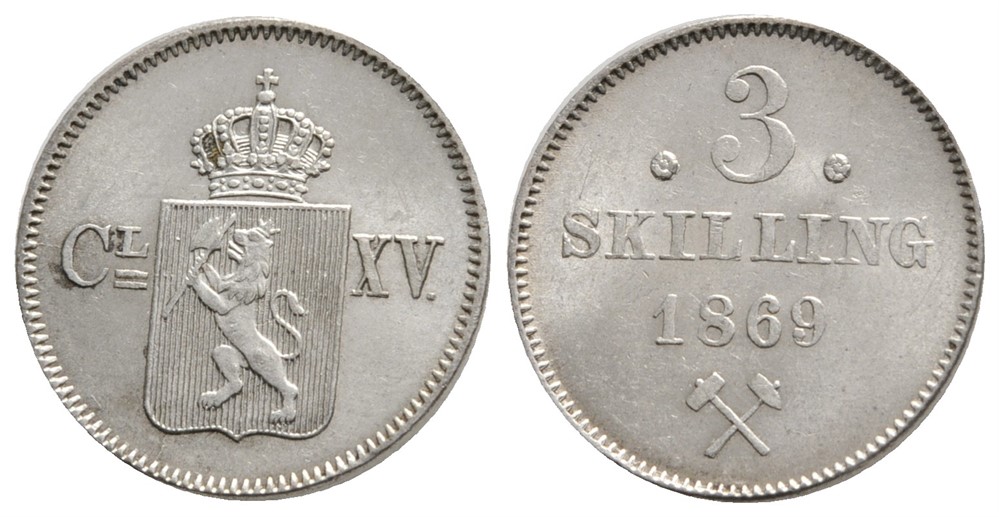 3 skilling 1869 m/rosetter. Carl XV. Kv.0