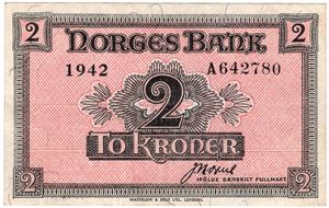 2 kroner 1942 A.642780 London utg. Kv.1+