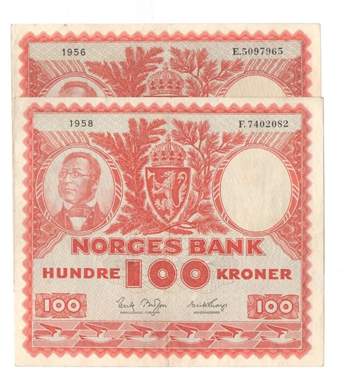 Norge 100 kroner 1956 E og 1958 F kv. 1 og 1+