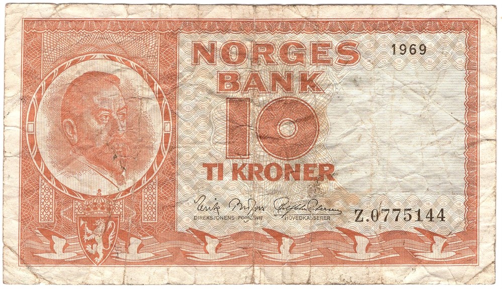 10 kroner 1969 Z.0775144 erstatningsseddel. Kv.1-/2