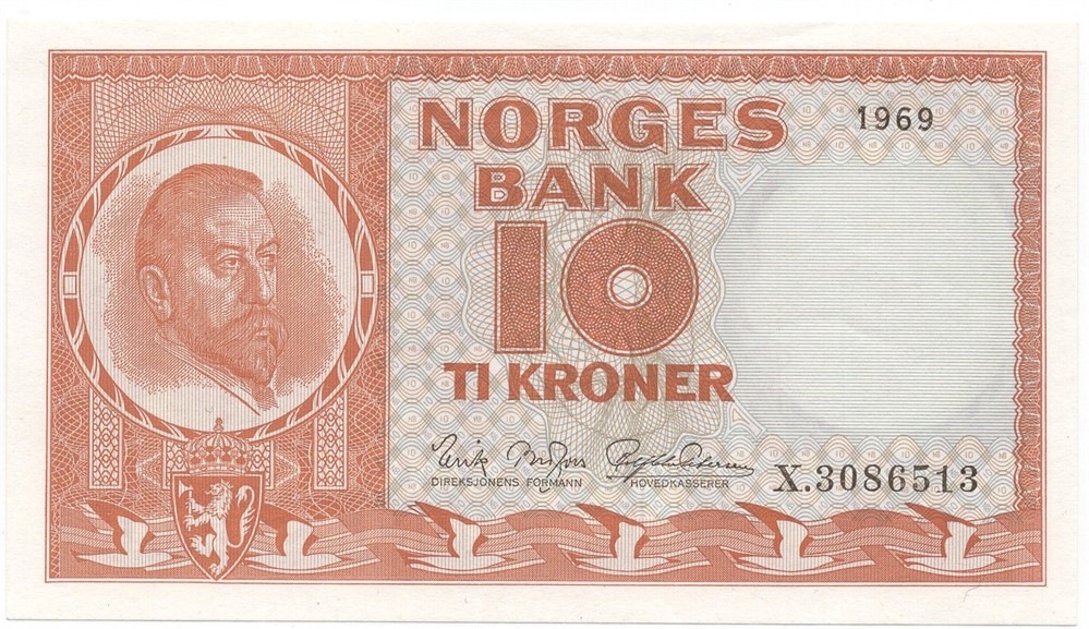 10 kroner 1969 X.3086513 erstatningsseddel. Kv.0/01