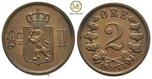 2 øre 1877 Oscar II. Kv.0