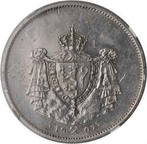 2 kroner 1907 Jub. Haakon VII. Les tekst