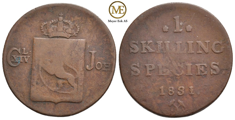Skilling 1831/28 Carl XIV Johan. NM.64. Kv.1