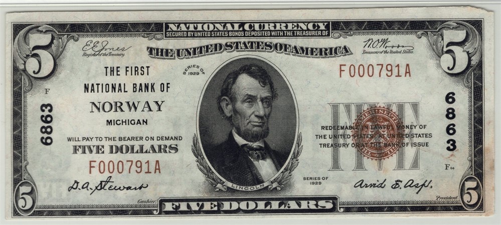 5 dollar National Bank of Norway. Kv.1+