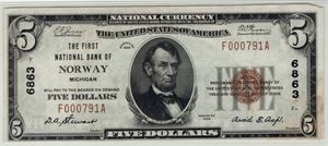 5 dollar National Bank of Norway. Kv.1+