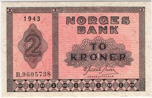 2 kroner 1943 B.9605738. Kv.0/01