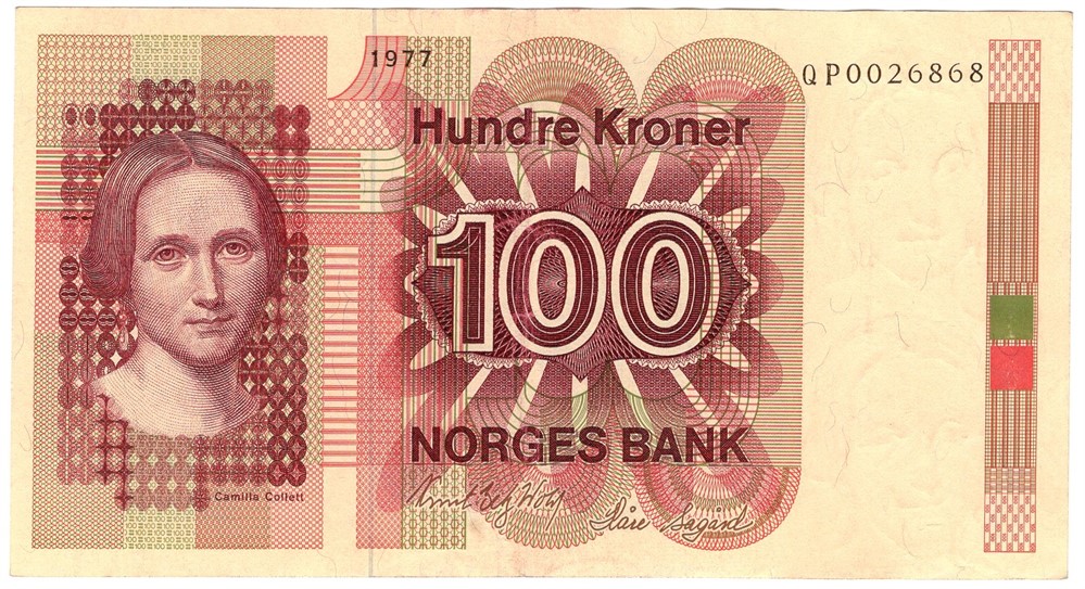 100 kroner 1977 QP. Erstatningsseddel. Sort årstall. Kv.01