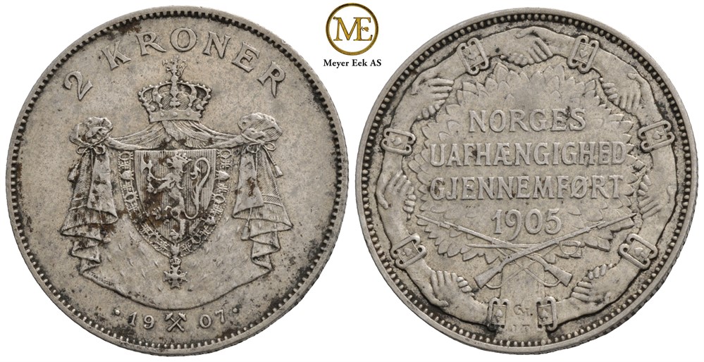 2 kroner 1907 Haakon VII. Jub. m/gevær. Kv.1+