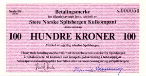 Spitsbergen Kullkompani 100 kroner betalingsmerke 1978 SS