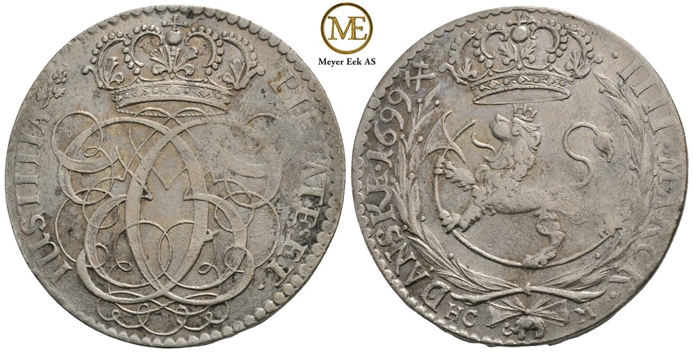 4 mark 1699 Christian V. Kongsberg. Kv.1+