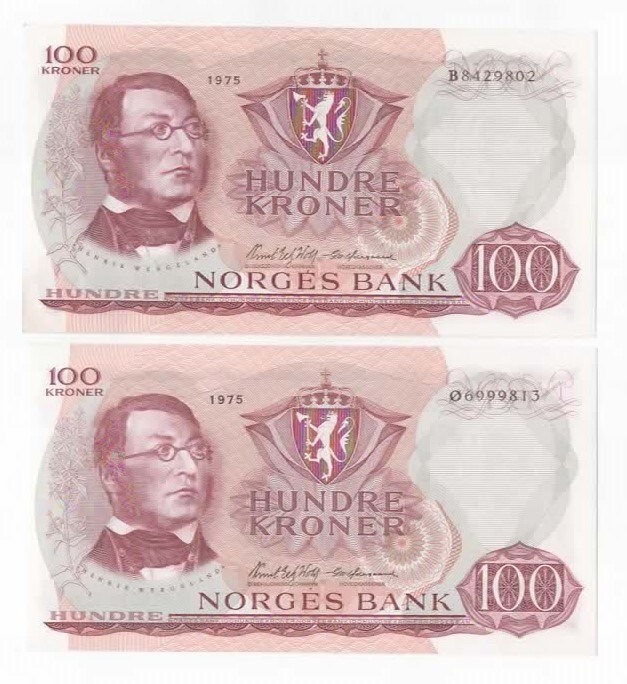Norge 100 kroner 1975 B og Ø kv. 0