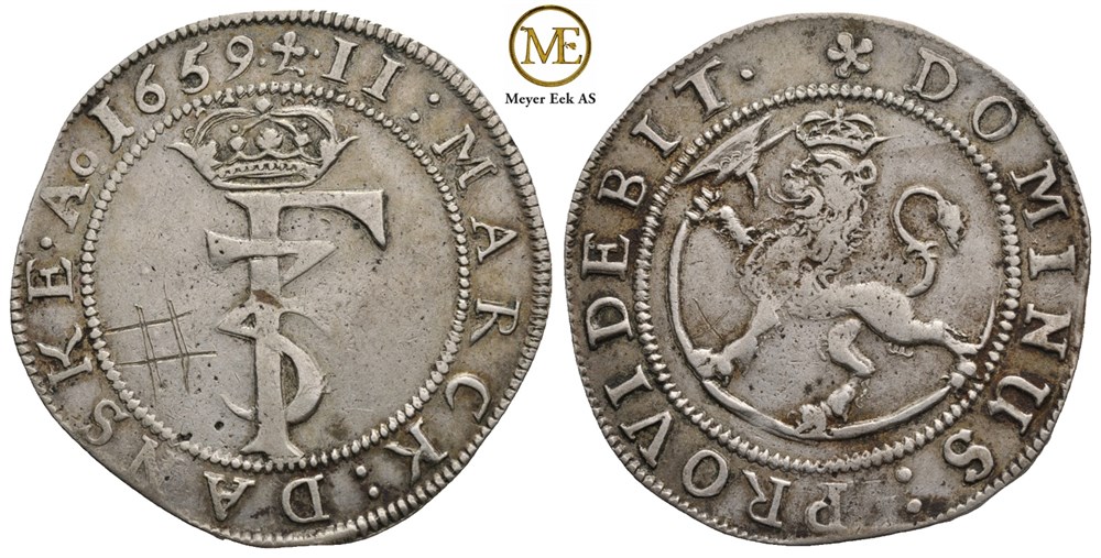 2 mark 1659 Frederik III. Kv.1+