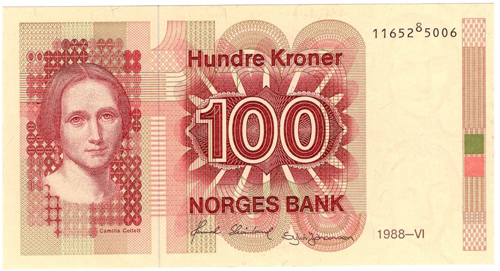 100 kroner 1988 med feiltrykk i serienr. Kv.0