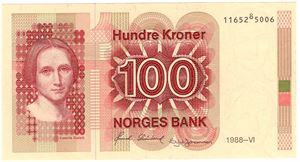 100 kroner 1988 med feiltrykk i serienr. Kv.0