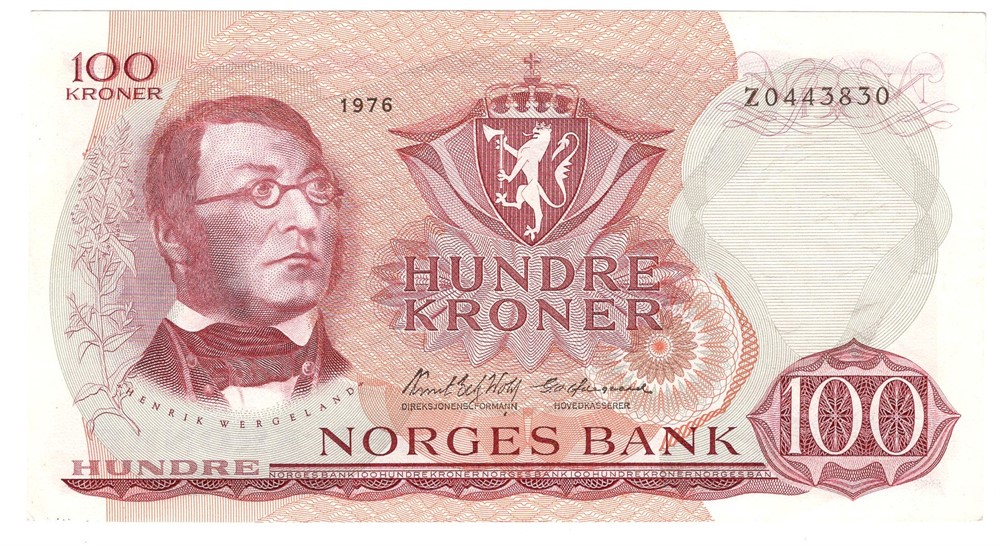 100 kroner 1976 Z.0443830. Erstatningsseddel. Kv.01
