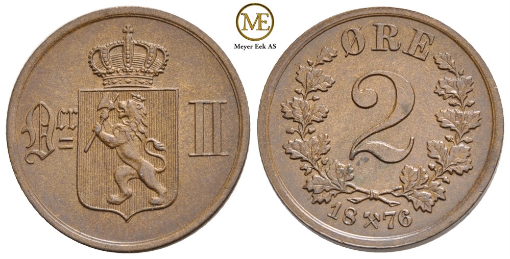 2 øre 1876 Oscar II. Kv.0