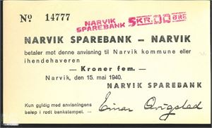 Narvik Sparebank 5 kr 1940 kv. 0