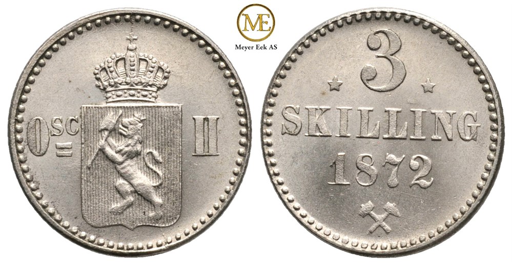 3 skilling 1872 Oscar II m/stjerner. Kv.0