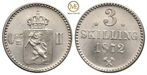 3 skilling 1872 Oscar II m/stjerner. Kv.0