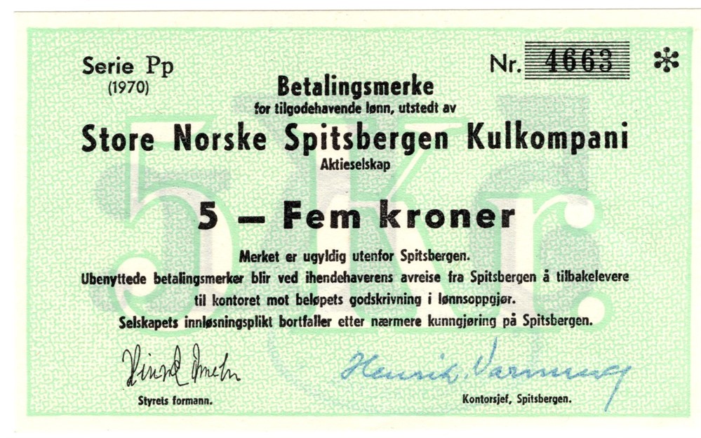 5 kroner Store Norske Spitsbergen Kulkompani. 1970. Kv.0