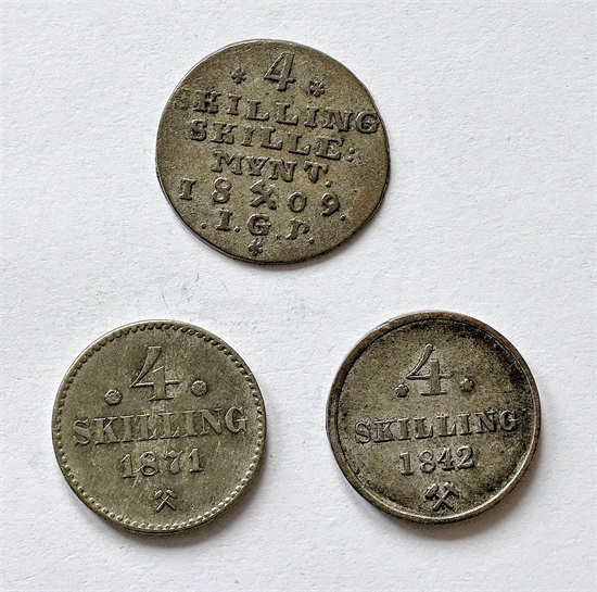 Norge 4 skilling 1809,1842 og 1871 kv. 1/1+