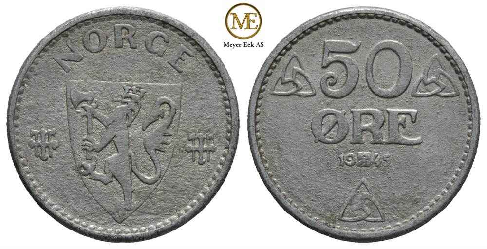 50 øre 1945 zink. Haakon VII. Kv.0/01