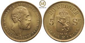 20 kroner/5 Spc. 1875 Oscar II. Kv.0/01