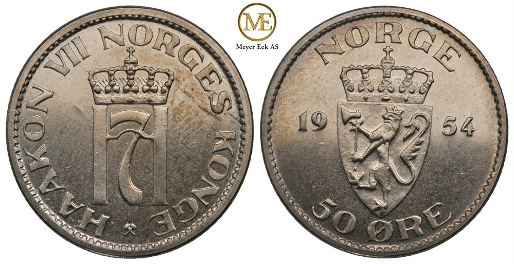 50 øre 1954 Haakon VII. Prakt eksemplar